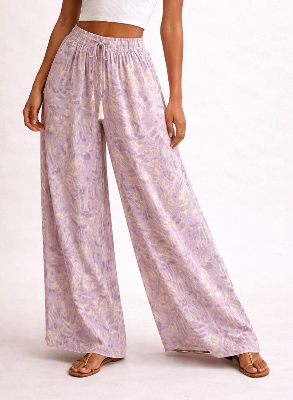 Lavender Tropical Print Wide-Leg Pants with Tassel Drawstring